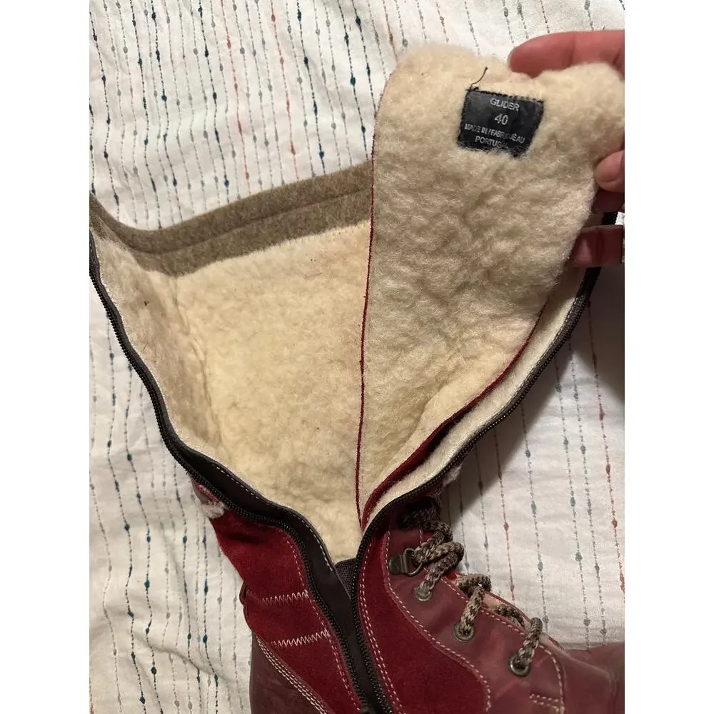 Bos & Co Glacier Red Leather Zippered Lace Up Sherpa Boots Size 40 US Women’s 9